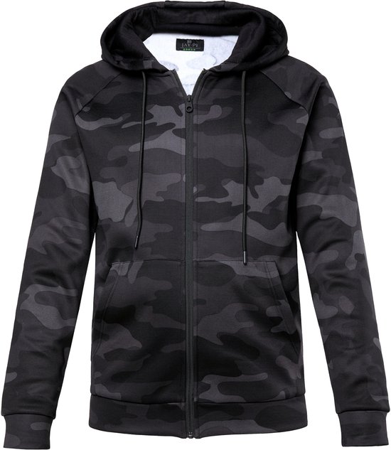 Zwart camouflage trainingsjack met capuchon, capuchon omhoog, met rits.