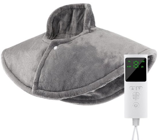 Grijze nek- en schouderwarmer met afneembare, digitale afstandsbediening.