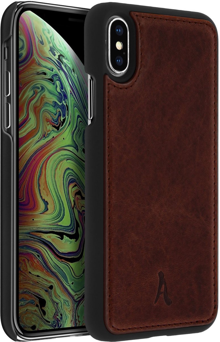 Akashi, Beschermhoes Geschikt voor Apple iPhone X / XS Stijf echt leer, Bruin