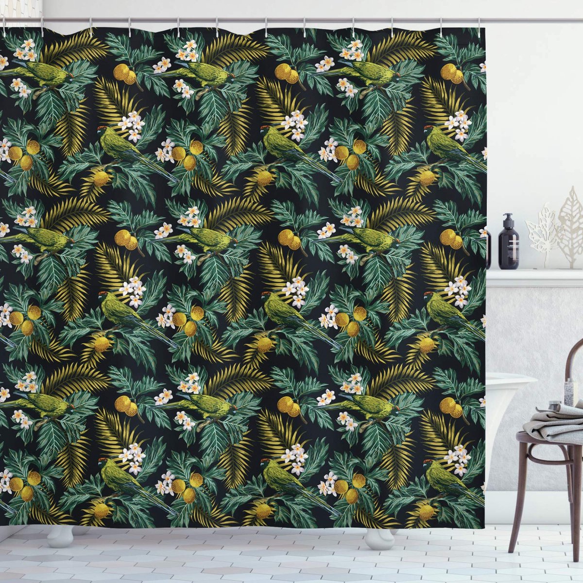 ABAKUHAUS Tropisch Douchegordijn – Palm en Vogel – 175×220 cm