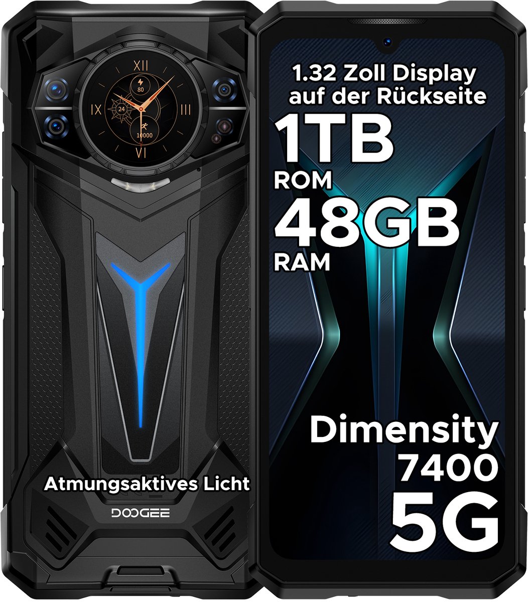 DOOGEE S200 Ultra 5G - Robuuste Smartphone - Robuuste Telefoon - 48GB RAM + 1TB ROM (2TB /TF) - Dimensity 7400 - 11000 mAh /66W - 6,72 inch 120Hz - Android 15 - Nachtzicht -100 MP AI camera - NFC - GPS - 1,32 inch display achteraan - Zwart