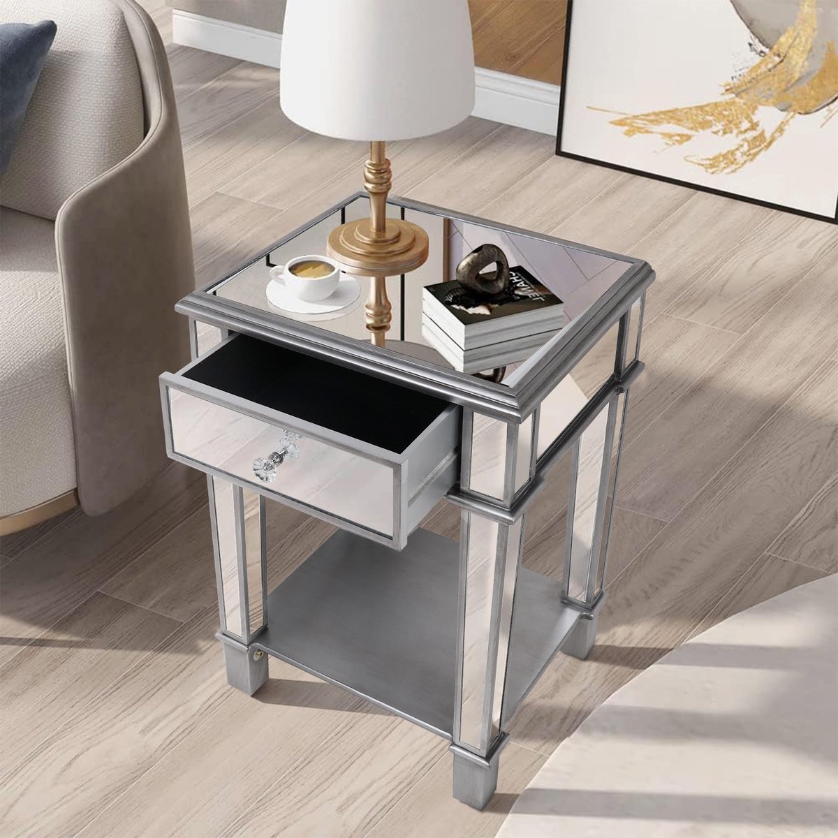 Artloge Nachtkastje met Lade - Zilveren Glazen Front - Open Onderplank - 45x38x64 cm