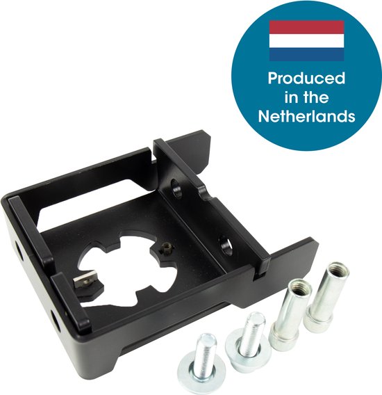 Zwarte Qibbel stuurpenadapter met losse schroeven, met Nederlandse vlag en tekst 'Produced in the Netherlands'.
