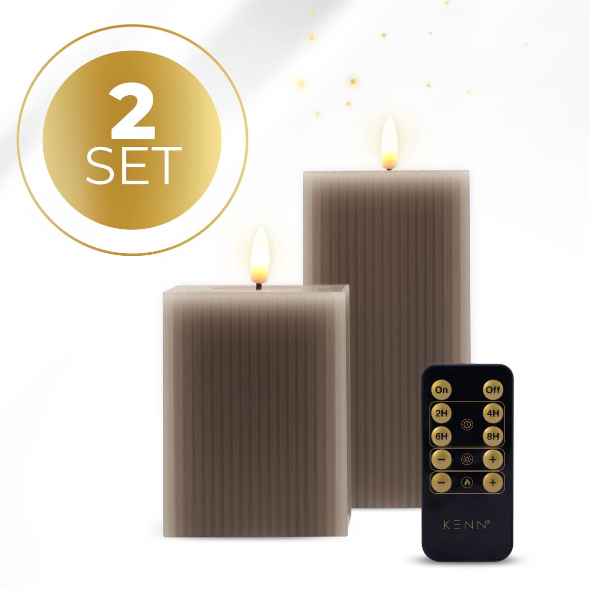 KENN Geribbelde LED Kaarsen - Set van 2 - Vierkant Taupe (Geribbeld)