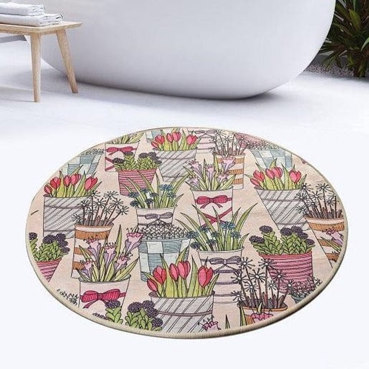 Bosdela Bloempot Rond badkamermatten, wasbaar, zacht en comfortabel – toiletmat + badmat – ideaal voor badkamer en toilet, met Ø100 cm