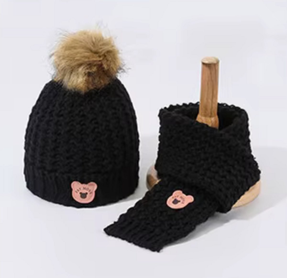 2 in 1 kindermuts sjaal set - meisjes - jongens - winter - gebreide muts, kinderen 2-7 jaar, Zwart
