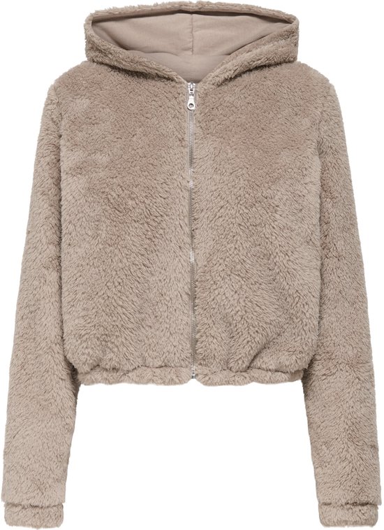 Lichtbruine, cropped teddy hoodie met lange mouwen en rits, met capuchon.