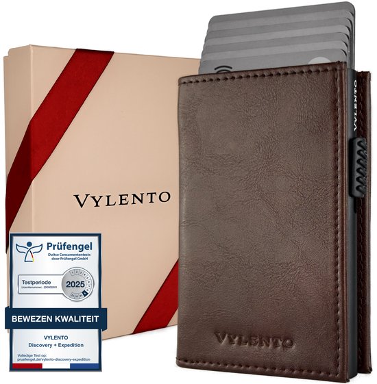 Vylento - Porte-cartes extensible - Porte-cartes RFID homme et femme - 10 cartes - Poche à monnaie zippée et poche à billets - Discovery Espresso Brown