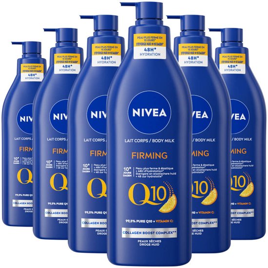 Een rij van zes NIVEA Q10 verstevigende body milk flessen in donkerblauw met oranje en witte tekst.
