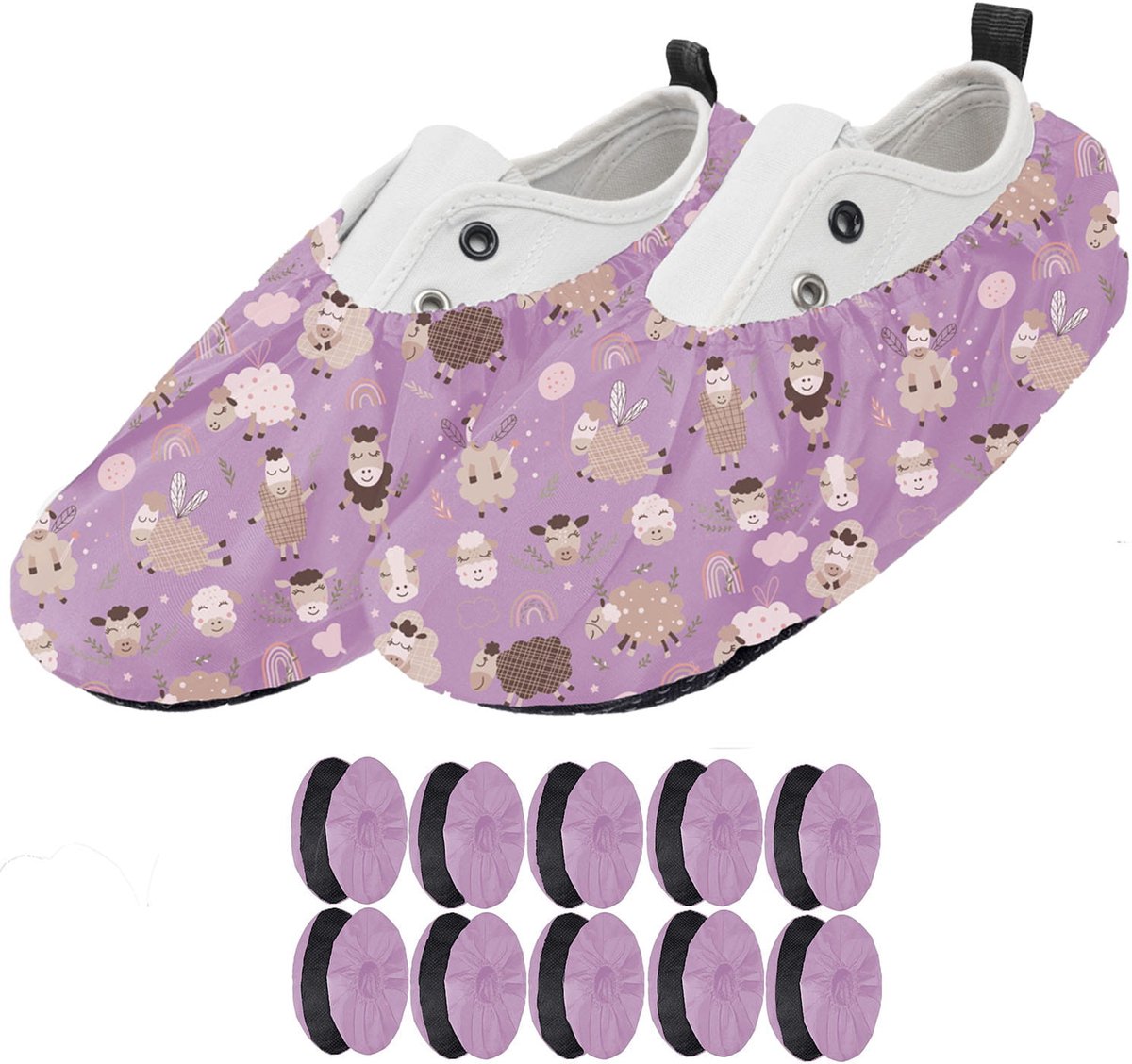 FEROCITY - Schoenovertrekken - Antislip, herbruikbaar - Unisex - Kinder - EU 25-30, 5 paren - Polyester - Beige Schapen