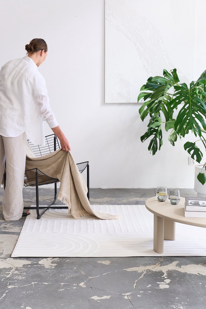 TAPISO Hygge Vierkant Vloerkleed Crème-Wit Modern Laagpolig Tapijt 3D Geometrisch Kleed me