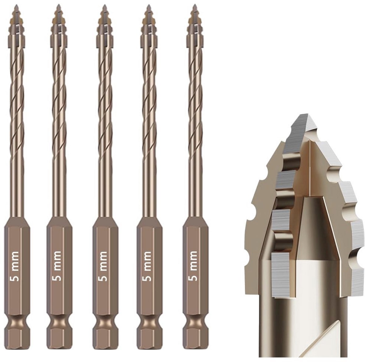 Gekartelde metselboorset (3/16"-5 mm) - Titanium gecoat voor droog boren in beton, tegels, glas, baksteen en metaal