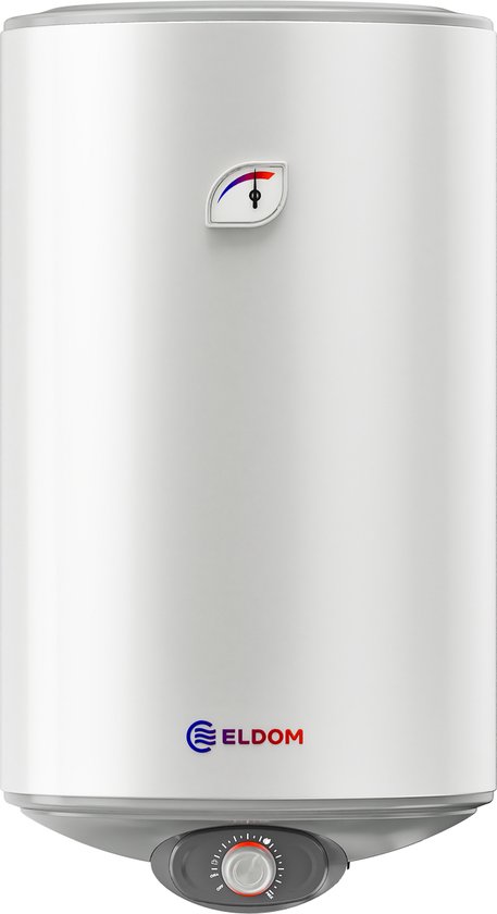 Witte ELDOM boiler met grijze onderkant en temperatuurindicator.