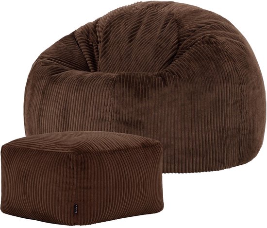 Foto: Icon kingston zitzak fauteuil met poef ribfluweel chocolade