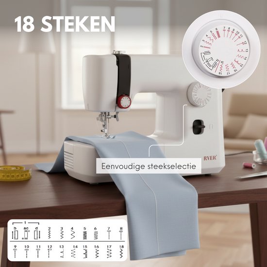 RYER - Naaimachine - 18 Steken - LED Verlichting - Voetpedaal - Stil & Compact