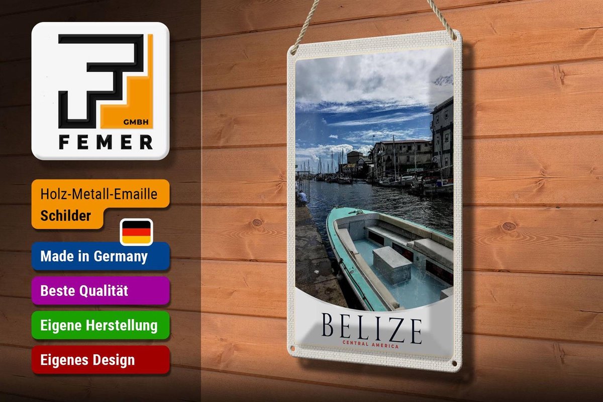Blechschild Reise 20x30cm Belize Central Amerika Boote Ufer