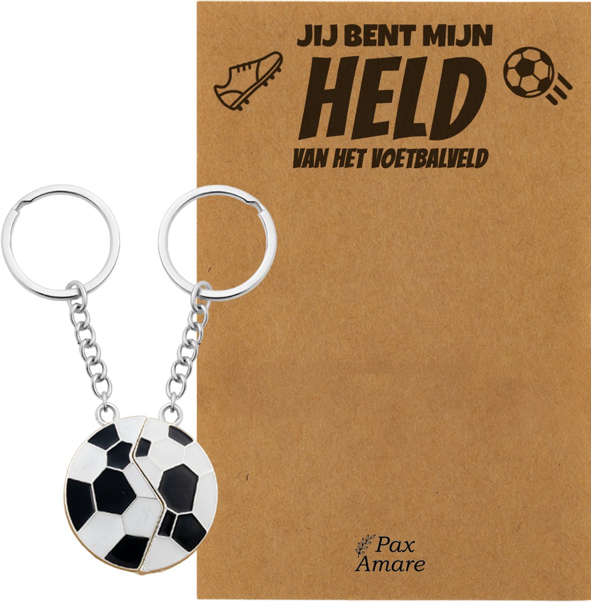 Vriendschap Sleutelhanger voor 2 'Jij bent mijn held van het voetbalveld' - Magnetische Voetbal - BFF Sleutelhanger op Cadeau Kaartje - Zilverkleurig - Vriendschap Symbool - Pax Amare