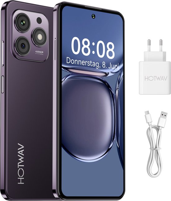 HOTWAV mobiele telefoon - Smartphone zonder abonnement- 16 GB/256 GB - 5160 mAh - mobiele telefoon senioren - Met transparante hoes - Paars