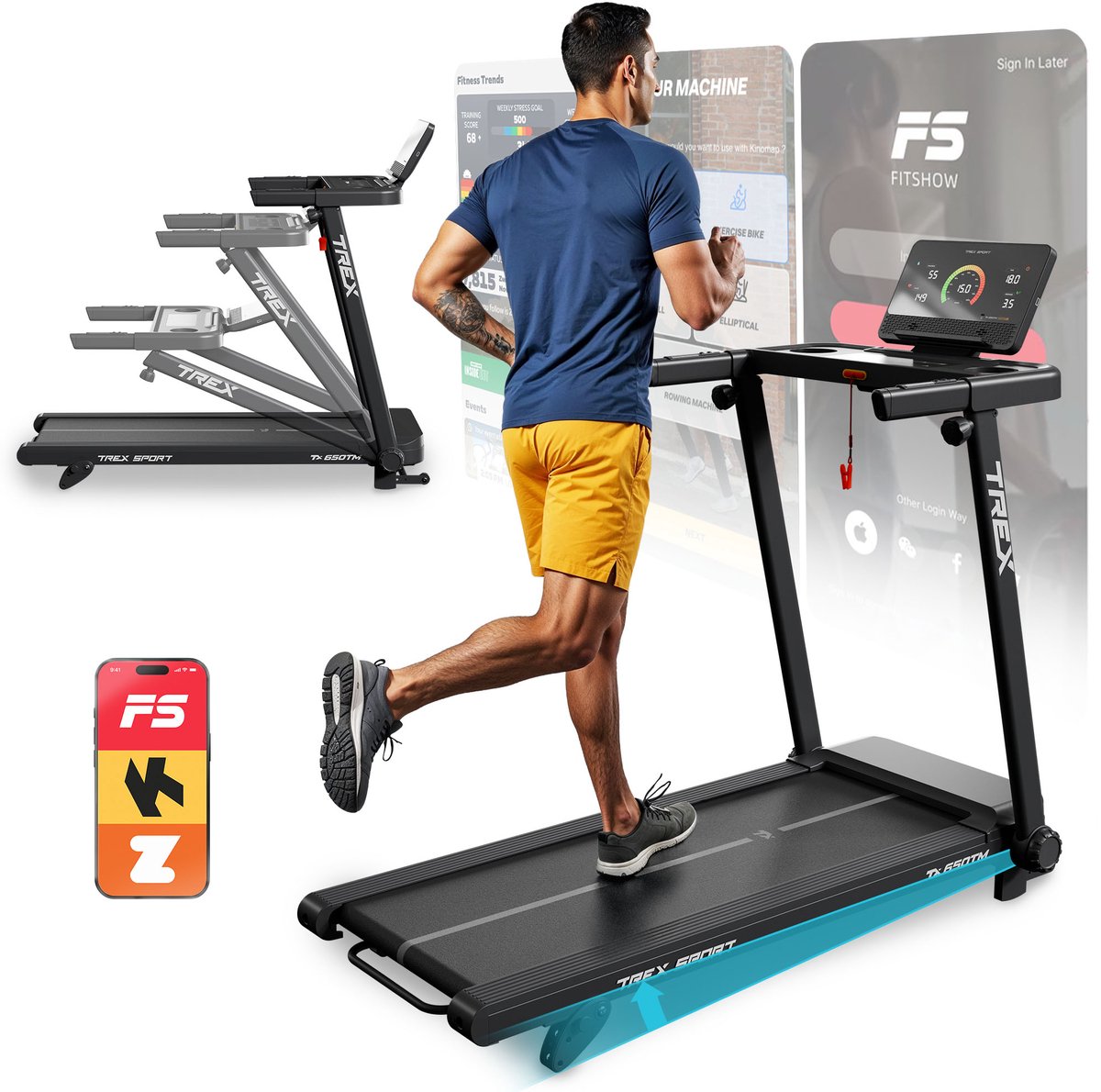 Trex Sport TX-650TM Poket – Loopband – Opvouwbaar – 3 Hellingsniveaus – Compatibel met Zwift & Kinomap – 1.82 PK – 19 Programma's – Max. 120 kg