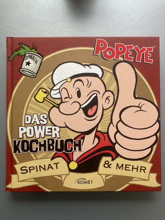 Popeye 'Das Power Kochbuch' op een bruine omslag met Spinazie.