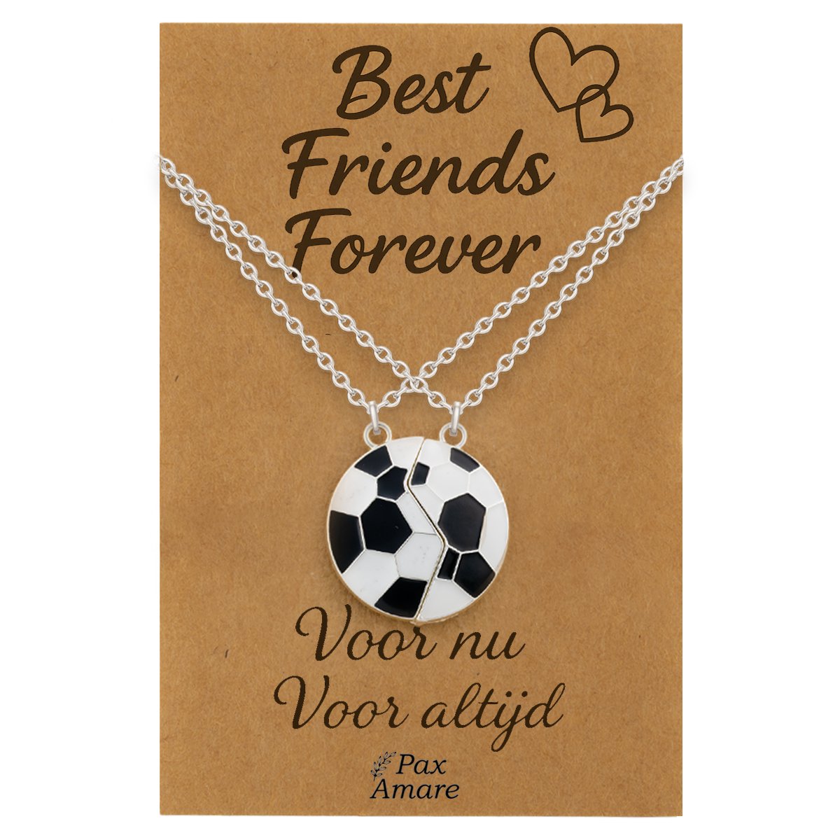 BFF Ketting voor 2 'Best Friends Forever' - Magnetische Voetbal - Vriendschapsketting op Cadeau Kaartje - 45cm + 5cm verstelbaar - Zilverkleurig - Best Friends Hanger - Pax Amare