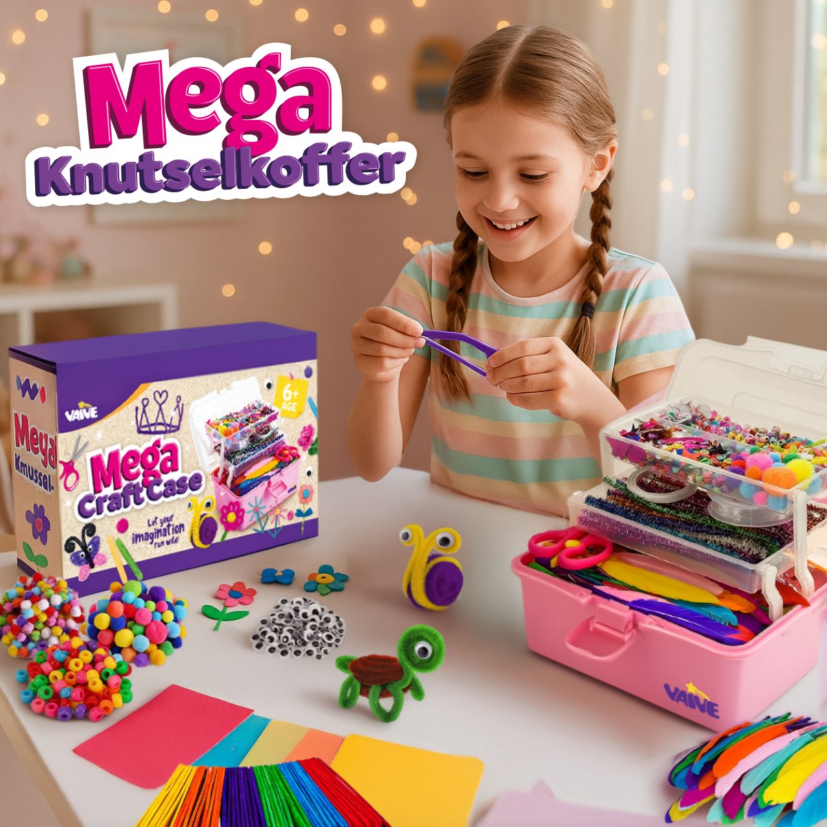 Vaive Knutselkoffer 1432-delig – Knutselen Meisjes - Kralen, Veren, Pompons & Wiebeloogjes - Knutselset - Knutselspullen - Knutselpakketten — afbeelding 2