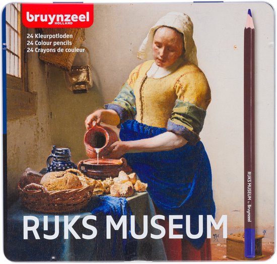 Een blik met Het Melkmeisje en een paars potlood.