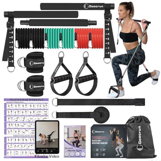 Goocrun Draagbare pilates-barkit met weerstandsbanden voor mannen en vrouwen, thuissportschool, trainingsset voor lichaamstoning, met fitnessposter en trainingsvideo