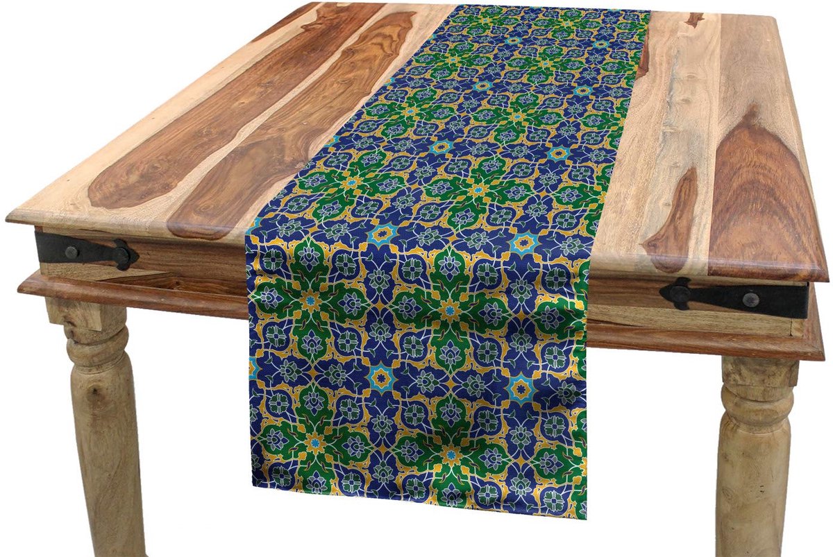 ABAKUHAUS Tafelrunner – etnisch damast – 40 × 225 cm – geel-groen-teal