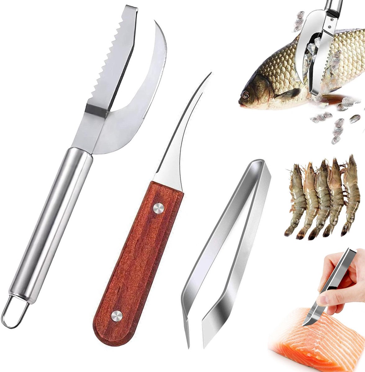 3-in-1 visschubbenverwijderaar. visschubbenmes. keukenaccessoires. met visgraattang en snelle garnalenschiller. voor vis en vlees (3 stuks)