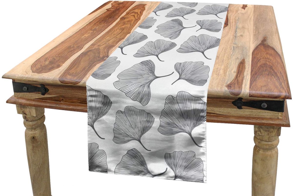 Abakuhaus Ginkgo-tafelloper – Minimalistisch bladmotief – 40x225 cm – Wit/Zwart