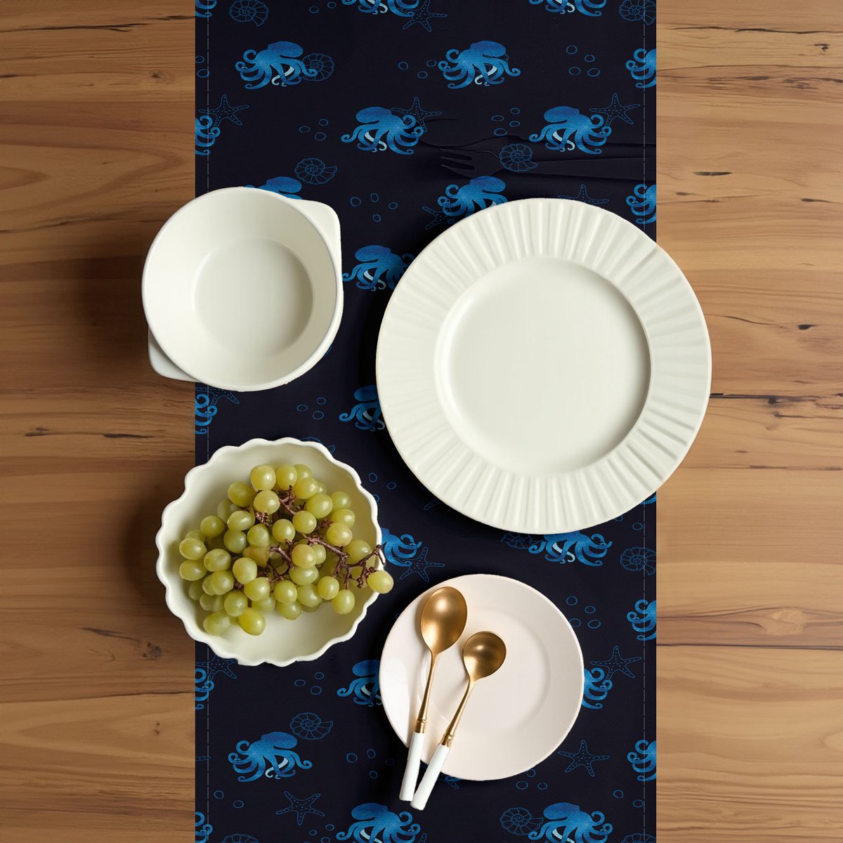 ABAKUHAUS inktvis-tafelloper – blauw/donkerblauw, 40×180 cm
