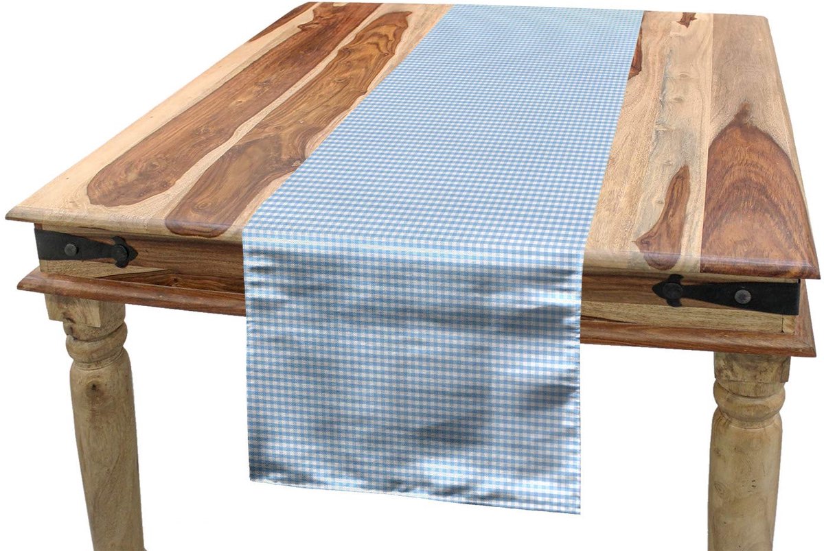 ABAKUHAUS Geruit tafelLoper – rechthoekig 40x225 cm – pastelblauw/wit, wasbaar