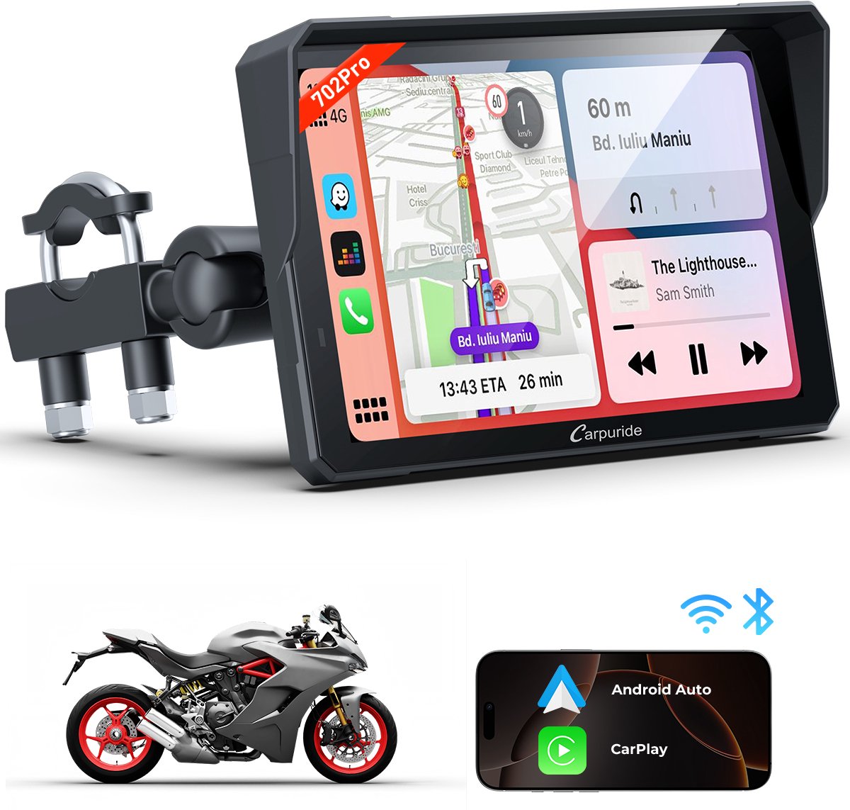 CARPURIDE W702 Pro - Motorfiets Carplay-scherm - intercomfunctie - kompas - barometer - touchscreen - muziek delen - dubbele Bluetooth