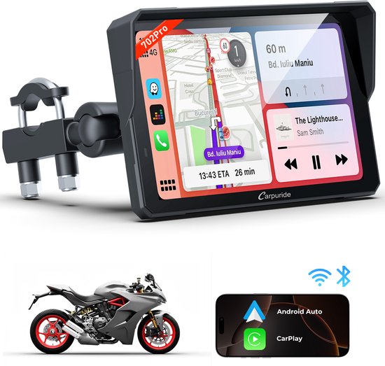 CARPURIDE W702 Pro Motorfiets Carplay-scherm met intercomfunctie, IP67 waterdicht touchscreen, ondersteunt draadloze CarPlay en Android Auto, muziek delen via dubbele Bluetooth, kompas, barometer
