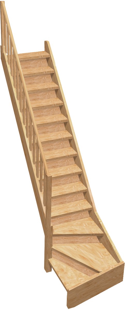 Kordo – Naar links draaiende kwartdraaitrap met balustrade en stootborden – Vurenhout – 13 treden
