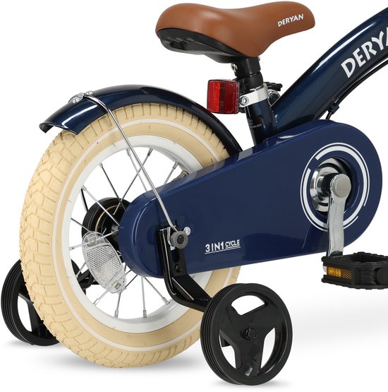 Détail de la roue arrière et des roulettes d'un vélo enfant Deryan bleu foncé avec selle marron.