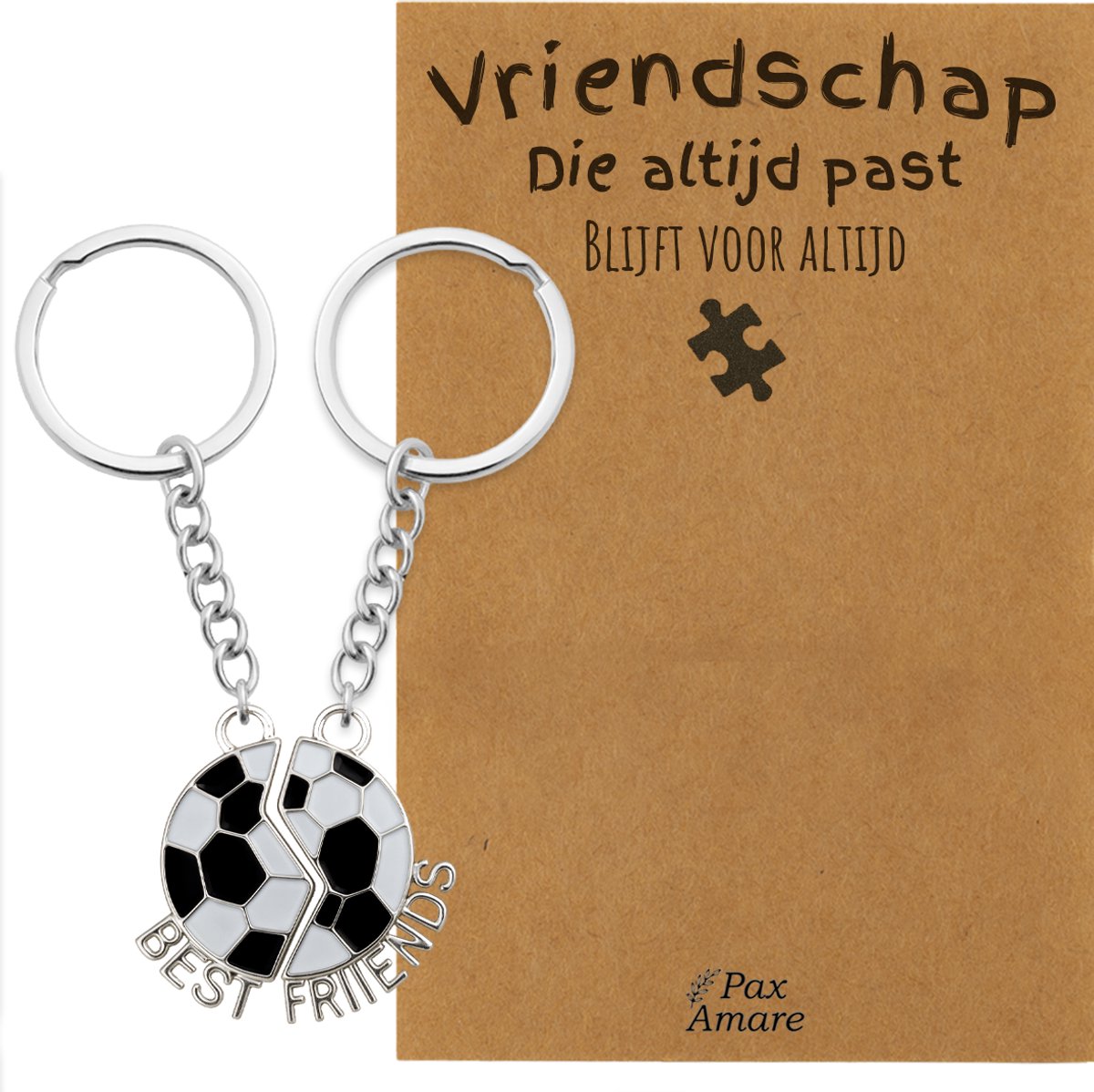 BFF Sleutelhanger voor 2 'Vriendschap die altijd past' - Magnetische Voetbal - Sleutelhanger set op Cadeau Kaartje - Zilverkleurig - Vriendschap Symbool - Pax Amare