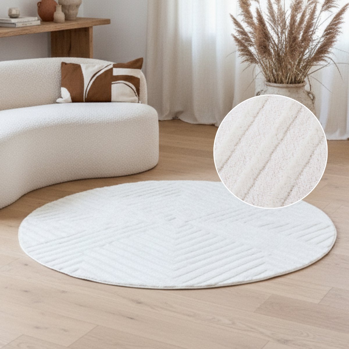 Tapiso Hygge Rond Vloerkleed Tapijt Crème-Wit Modern Laagpolig 3D Geometrisch Kleed Woonkamer & Slaapkamer – Slijtvast en Onderhoudsvriendelijk OEKO-TEX - 80x80 Creme Wit2