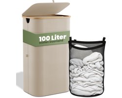 Nince Wasmand - 1 Vak - 100L - Met Deksel - Wassorteerder - Uitneembare Waszakken - Bamboe - Opvouwbaar - Beige