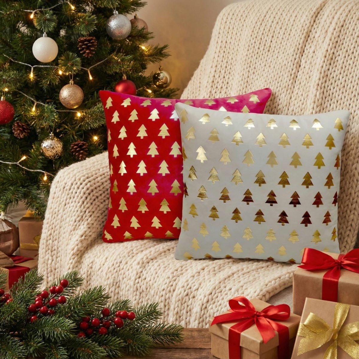 Set van 2 Kussenhoezen 50 X 50 cm | Kussenhoes | Kussenhoesjes | velvet | met rits | Wit en rood