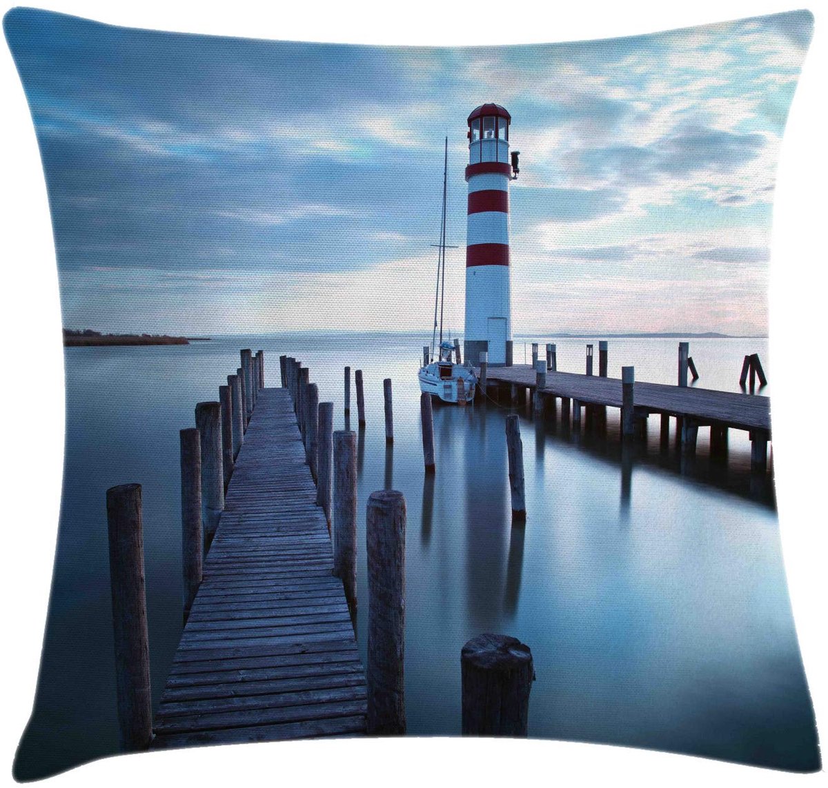 ABAKUHAUS Maritieme Kussenhoes – Leuchtturm aan Zee Digitaldruk – 45x45 cm – Donkerbruin-Schieferblauw