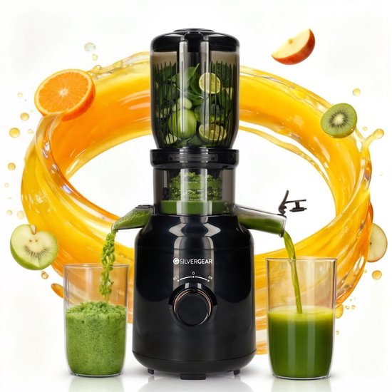 Slowjuicer XL 1000ml - Stille Sapcentrifuge - Voor Groenten en Fruit - 104mm Vulopening XXL - Fruitpers - Sapmachine - Citruspers Electrisch - Zwart - Silvergear