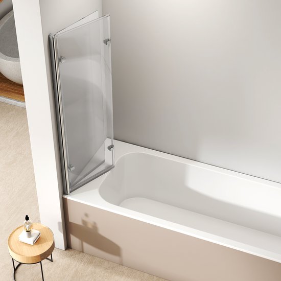 EMKE Paroi de Baignoire - Paroi de Baignoire Pliante en 3 Parties - 130x140 cm - Chrome - Verre de Sécurité Transparent 6 mm - Revêtement Nano - Profilé en Aluminium - Pare-baignoire
