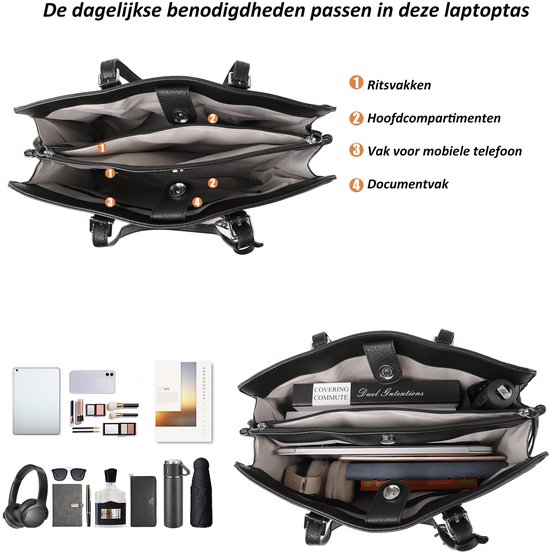 Zwarte dames laptoptas open met vakken: ritsvakken, hoofdcompartimenten, telefoonvak, documentenvak. En met laptop, tablet en accessoires.