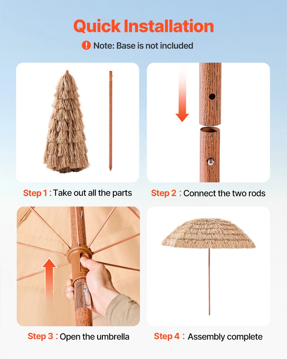 VEVOR Tiki-Parasol, 2,4 M Rieten Terrasparasol met Kantelfunctie, Hawaiiaanse Strandparasol met Duurzaam Pp-Riet En 8 Metalen Baleinen, Grasparasols voor Strand, Terras, Zwembad, Achtertuin En Tuin thumbnail 5