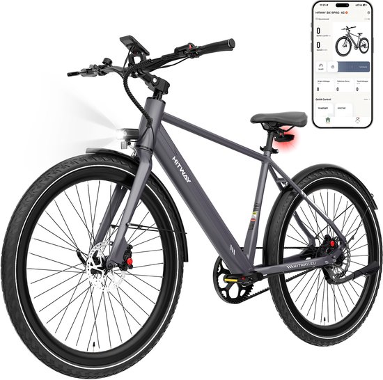 Grijze Hitway elektrische fiets met een smartphone die de app toont, met koplamp en achterlicht aan.