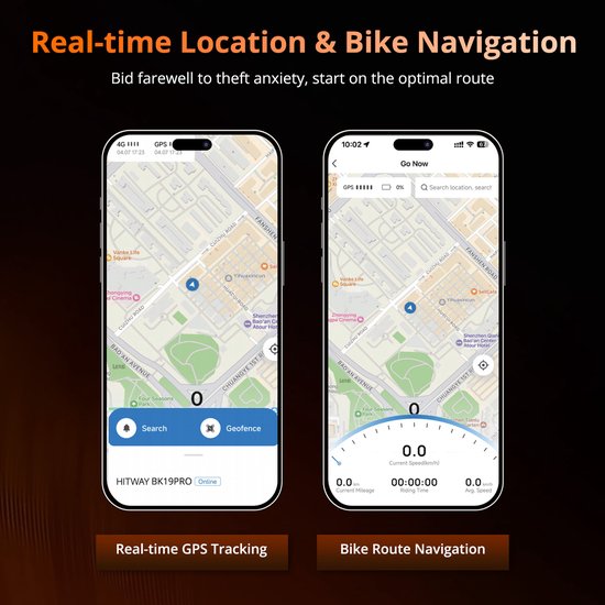 Twee smartphone schermen tonen HITWAY BK19PRO app voor real-time GPS tracking en fietsnavigatie.