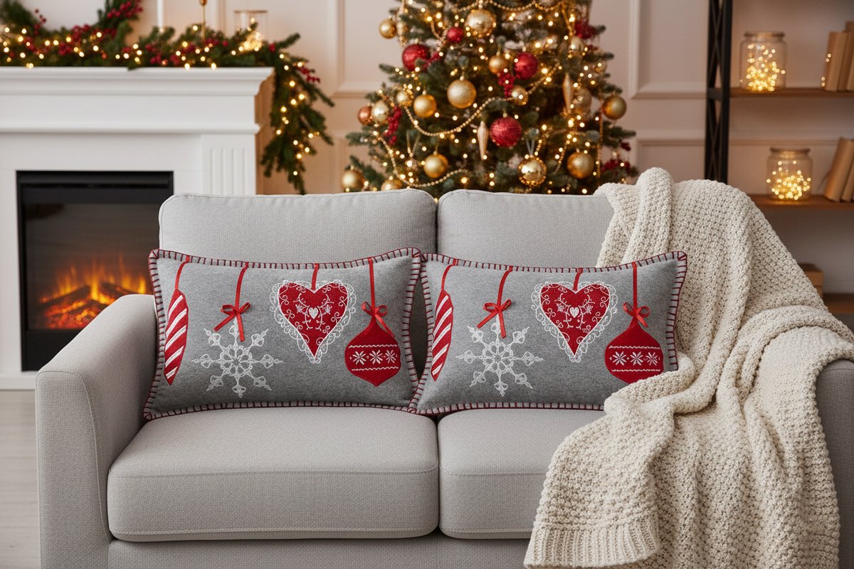 Urbane Hide | Set van 2 Kussenhoezen | Kussenhoes | Kussenhoesjes | Geborduurd & Patchwork | Hangende Ornamenten | 30x50 cm | Wol | Grijs/Rood & Wit | Zonder Binnenkussen
