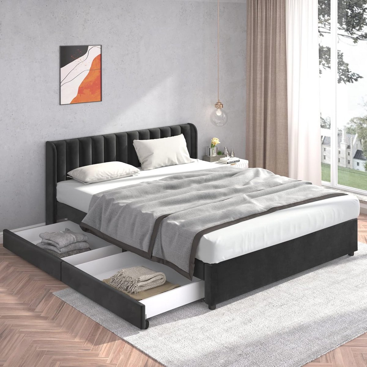 Tweepersoonsbed 180x200 cm met opbergruimte en lattenbodem - Fluwelen bed zwart